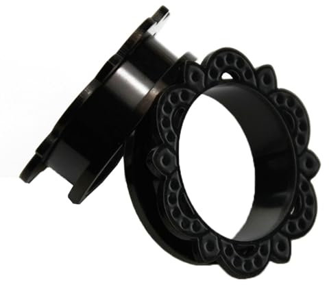 KnBoB 2 Stück Tunnel Piercing Plug 18MM Edelstahl Schwarz Hohl Blume Flesh Tunnel Ohr Expander Damen Ear Tunnel