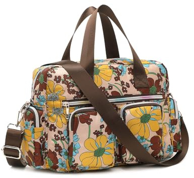 Kono Bolsos de Mano para Mujer con Estampado Floral, Grande Bolso Bandolera a Hombro, Bolsa Mensajero Cruzados Ligero e Impermeable con Múltiples Bolsillos (Caqui)
