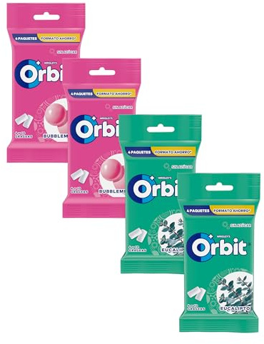 Orbit Chicles sin Azúcar Pack 2 Bubblemint + 2 Eucalipto, incluye 2x Orbit Chicles Sin Azúcar Sabor Bubblemint (4 x 10 chicles) + 2x Orbit Chicle sin Azúcar con Sabor A Eucalipto (4x10 chicles)