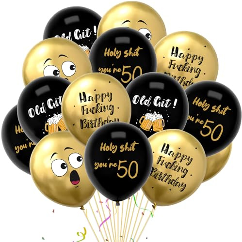 Unhöflicher und lustiger Luftballon zum 50. Geburtstag, Topeedy 30,5 cm, goldfarben und schwarz, leicht beleidigend, lustiger Witz, Geburtstagsparty-Dekorationen für Männer oder Frauen, 16 Stück