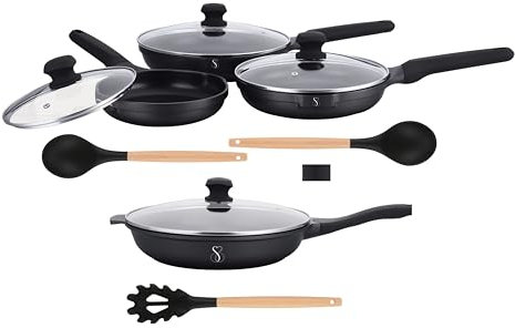 Stone&Stone Lot de 4 poêles 20 cm 24 cm 28 cm 32 cm super antiadhésif | induction gaz | aluminium acier poêle professionnelle batterie avec revêtement allemand + 4 couvercles 4 outils sans PFAS