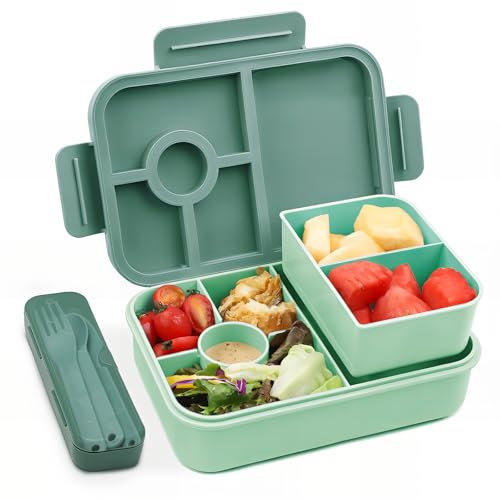 Bugucat Fiambrera 1300ML,Bento Lunch Box lunchbox con 5 Compartimentos y Cubiertos de Plastico, Fiambrera Infantil hermetico Bento Box para Adultos,Ideal Para,Picnic,Trabajo Verde Oscuro