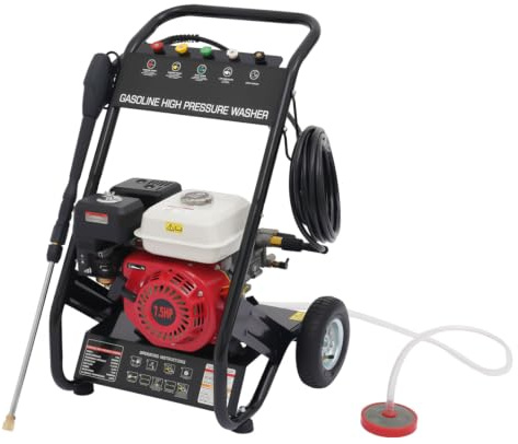 LUNICASHA Limpiador de alta presión de gasolina, 4 tiempos, 7,5 CV, alta presión, con 5 boquillas seleccionables, lavado de alta presión, monocilindro, refrigerado por aire, 3400 r/min, arranque