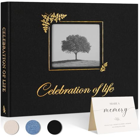 Lanpn Funeral Guest Book for Memorial Service, Linen Celebration of Life Registry Guest Book with Open Window, Memory Book for Funeral with Table Sign, Funeral Favors Sign in Books for Guests, Black