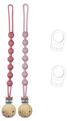 2 stycken napphållare i silikon, nappkedjeset med 2 stycken nappklämmor adapter, BPA-fri napphållare, nappkedjor med adapter (rosa och röd)