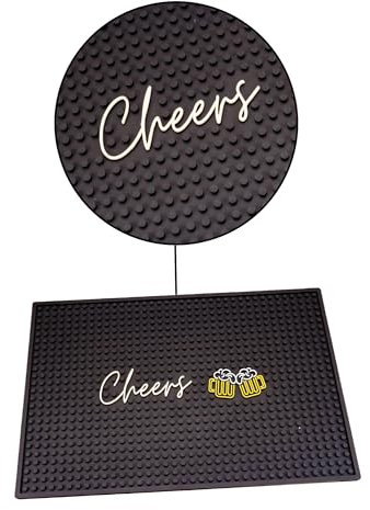 Bar Buddy Tapis de bar en caoutchouc | 45 cm x 30 cm x 1 cm | Tapis de comptoir de qualité supérieure pour verrerie | Maison Bar Man Cave | PVC noir antidérapant | Bière et cocktails | Cheers