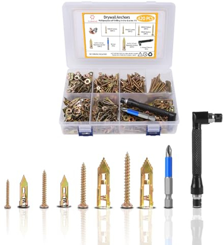 Jyphorixal 420Pcs Self Drilling Drywall Anchors with Screws Kit,Zinc Plated Steel,4 Sizes Expansion Screws and 2 Sizes Wall Anchors, Easy Application No Drill or Holes in Wall.