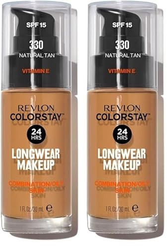 REVLON - ColorStay Base de Maquillaje SPF 15, con Vitamina E, Cobertura Media-Alta, Larga Duración, Acabado Mate, Resistente al Agua, para Piel Mixta-Grasa, Tono 330, Natural Tan - 30 ml