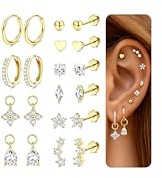 CASSIECA 10 Paar Ohrringe Gold Silber Set, 316L Chirurgenstahl Ohrringe für Damen Herren Medizinische Ohrstecker und Creolen für Mehrfachpiercing 14K Vergoldet Helix Tragus Piercing Ohr Silber