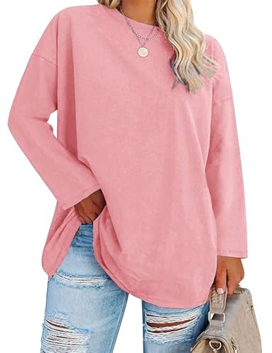 Fisoew Mujer Tallas Grandes Tops Manga Larga Tallas Grandes Camisetas Cuello Redondo Tops Oversize, Rosa., 5XL Grande