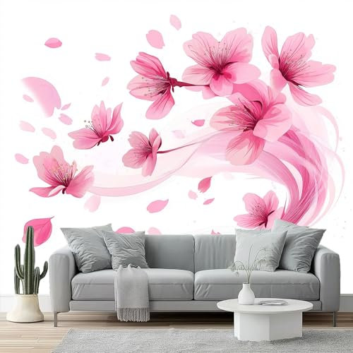 Carta da parati stampata 200 x 140 cm Carta da parati murale non tessuta Semplice Fiori Fiori di ciliegio Decorazione murale per la casa alla moda per camera da letto e soggiorno Rosa Bianco