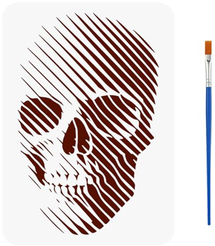 FINGERINSPIRE 3D Malschablone Mit Linearem Skelett Und Pinsel 21x29.7cm Dreidimensionale Zeichenvorlage Mit Totenkopfmotiv Halloween Dekorschablone Zum Malen Auf Holz Wänden Stoffen Und Möbeln