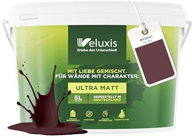 Veluxis® Pintura de pared roja para interiores - 5 litros y opacidad clase 1, sin vetas, antigoteo y ecológica, sin COV - (Red Wine)