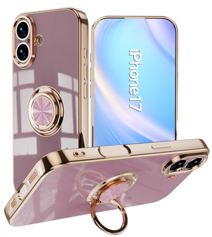 Knoowcase for iPhone 17 Case 360°Rotatable Stand Ring Shockproof TPU Cover Protective Slim Phone Cover for iPhone 17 Phone Case, Purple