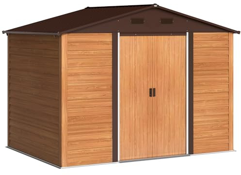 Outsunny Caseta de Jardín Exterior 4,84 m² 278x195x215 cm, Cobertizo de Jardín Exterior Metálica con 4 Ventanas y 2 Puertas Correderas, para Almacenaje de Herramientas, Madera Natural y Café