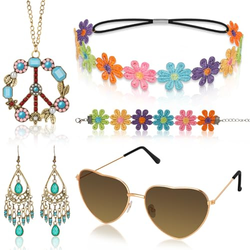 Alintor Hippie Accessoires für Schlagermove Outfit Damen, 5 Stück Hippie Kostüm Damen Accessoires, Flower Power Zubehör für 70er Jahre Bekleidung, Peace Kette, Brille
