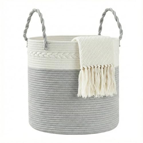 COSYLAND 64L rund tvättkorg i bomullsrep, tvättkorg och förvaringskorg med handtag, för smutstvätt, sovrum och tvättstuga, 40 x 25,5 cm, vit och ljusgrå