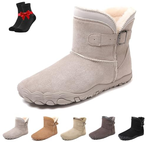 Barfotasnökängor for kvinnor, breda runda tåstövlar med plyschfoder, tjocka och varma vandringskängor, höga spännen(Light gray,40 EU)