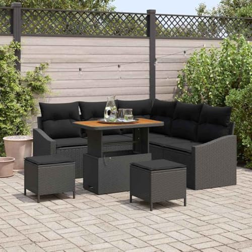 Frdhee Balkonmöbel Set, Gartenlounge Outdoor, Loungesofa, Garten Sofa Set mit Kissen 8 pcs Schwarz Poly Rattan, Balkon Möbel Outdoor für Terrasse, Innen- Und Außenbereich, Komfort