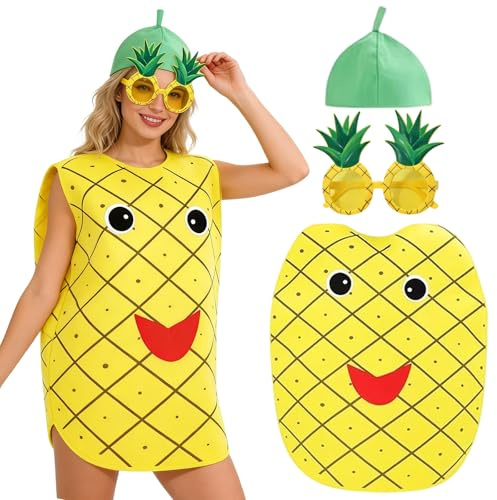 Traje de Fruta para Adultos, Disfraz Divertido de Fruta Ligero y Cómodo, Disfraz para Adultos - Sombrero, Vestido y Gafas, para Halloween, Fiestas Temáticas, Cosplay y Eventos Divertidos (Piña)