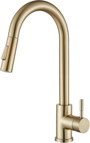 Llffssdg Brushed Gold Kitchen Tap, Pull Down Sprayer Tap with High Arc Spout, Single Handle Stainless Steel Mixer Tap, Dual Function Spray Head