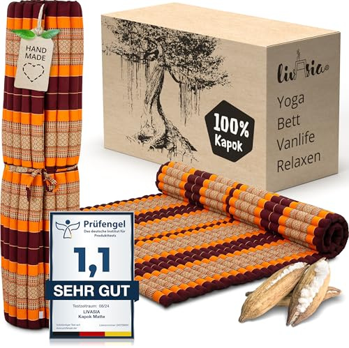 livasia Rollmatte Rollmatratze L-200x110x4,5cm, Gästebett Gästematratze 1 Person, Reisebett Kofferraum Outdoor, Thaimatte Kapok, Garten Balkon handgefertigt rubinrot