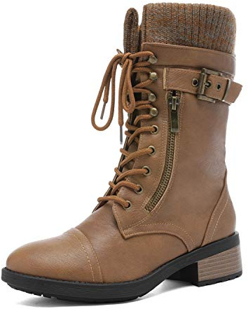 DREAM PAIRS Bottes Femme Mi-Mollet Style Militaire,Chameau,43