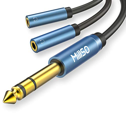 MillSO 1/4 inch to 3.5mm Headphone Jack Adapter, 2x 3.5mm 1/8'' Female Jack Socket to 6.35mm 1/4'' Male Plug 3-pin Stereo Audio Y Splitter Cable with Gold-plated Contacts & Metal Sleeve - 30CM/12inch