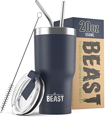 Beast Tumbler - 550 ml (20 oz), Navy Blue | Reusable Stainless Steel, Vacuum Insulated Cup | with + 2 Straws & Cleaning Brush | Double Wall Travel Flask Perfect for Hot or Iced Coffee | BPA Free