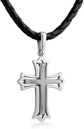 STERLL Collana In Pelle Da Uomo Con Pendente A Croce In Argento Per Un Look Raffinato