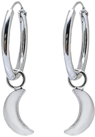 ENTREPLATA Pendientes Plata de Ley 925 Unisex Aretes Sterling Silver Pequeños y Modernos para Mujer Par Aros Criollas con Colgantes Media Luna