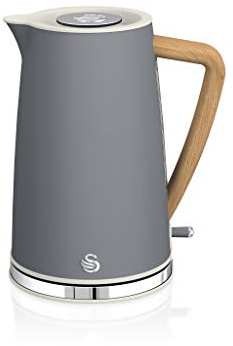 Swan Nordic ultra snabb elektrisk vattenkokare, sladdlös, modern design, 1,7 l, 2 200 W, trähandtag, automatisk avstängning, grå