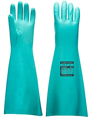 Portwest A813 Nitrilhandschuh Chemikalienbeständig 480mm Länge Industrie | Grün, XL, EN ISO 21420 Fingerfertigkeit 5, EN 388 (41X2X), EN ISO 374-1 Typ, CE Lebensmittel-zugelassen
