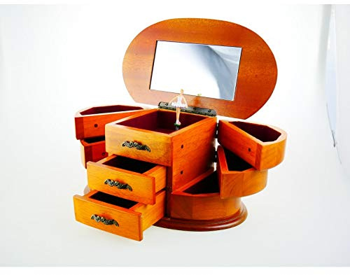 ARTE DEGLI ARGENTI Huge Mechanical Music Box Trunk in Cherry Wood with 9 Compartments and Drawers and Ballerina Turning with Melody Bolero Playing at Opening 16055