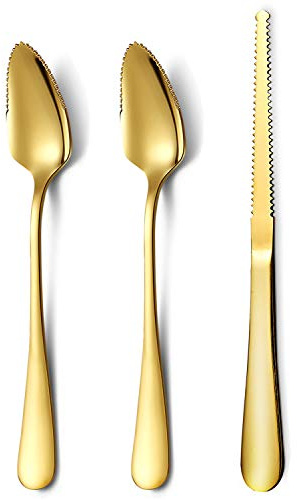 Gold Grapefruit Spoons 3 Pieces Set, 2 Stainless Steel Grapefruit Spoon And 1 Grapefruit knife With Titanium Plating, Grapefruit Utensil Set, Serrated Edges Spoon pack of 3 (Gold)