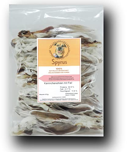 Spyrus Hasenohren mit Fell Hunde Snack,Kaninchenohren, Naturprodukt für Hunde, Reich an Vitaminen & Mineralien|Snack für zwischendurch (400 g)