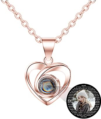 Personalisierte benutzerdefinierte Foto ich liebe dich Halskette Silber Rose Gold 100 Sprachen Projektion Anhänger Schmuck Geschenk für Mutter Frauen Frau Muttertag Halskette(Rose gold 16)