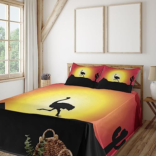 Ambesonne Ostrich Sheet Set, Silhouette of Wild Animal Running Across The Desert at Sunset Cactus, Fitted and Flat Sheet with Pillowcases Bedding Accent 4 Piece Set, Full, Dark Coral Yellow Black