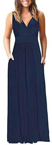 AUSELILY Ete Robe Longue Femme Maxi Robe V Col sans Manches avec Poches