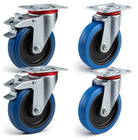 Wiltec Kit de 4 Roulettes – Ø 200 mm – Capacité de charge 350 kg – 2 x Roulette pivotante, 2 x Roulette fixe – Roue en caoutchouc avec Plaque de montage et Frein – Dispositif de transport, diable