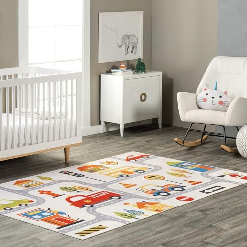nuLOOM Carmina City Streets Kinderteppich, maschinenwaschbar, 91 x 152 cm, Wei