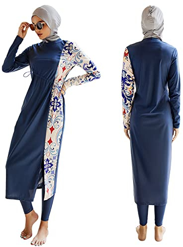 Odizli Ensemble de bain musulman pour femmes à manches longues avec protection UV - Haut de bain fleuri + Pantalon de bain + Hijab - Burkini islamique, L