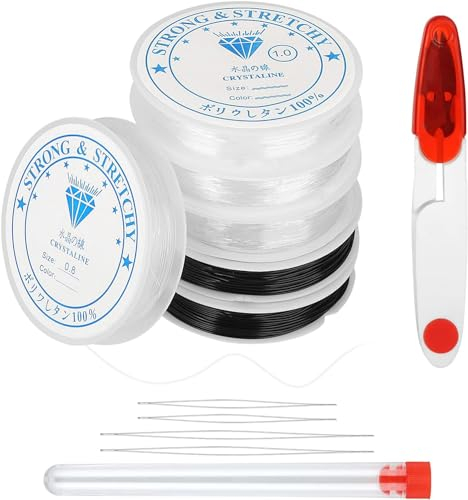 CoKeeSun Filo Elastico per Braccialetti Resistente, 0.5mm-1.0mm Fili per Braccialetti Set 6 Volumi Filo per Collane,Con 4 Aghi per Perline e 1 Paio di Forbici per Braccialetti, Artigianato DIY Cucire
