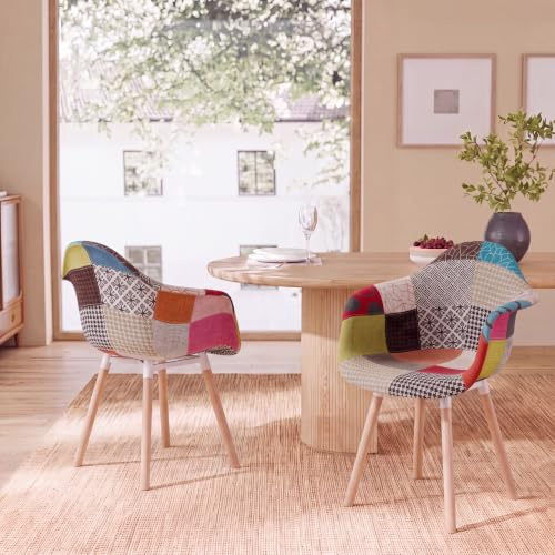 HJhomeheart 2er Esszimmerstühle aus Patchwork-Stoff mit Armlehnen, moderner Design-Sessel, skandinavischer Küchenstuhl aus Buchenholz (A5-Rot)