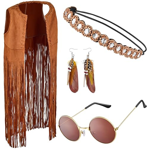 Balinco Costume Indien Homme, Femme, Adulte – Tenue Western, Set Hippie, Déguisement Bohème, Gilet à Franges, Lunettes Rétro, Coiffe – Carnaval, Halloween