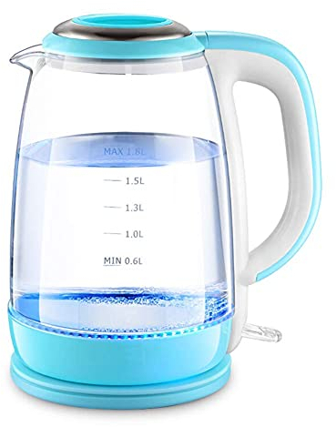 FairUo Teteras, 1,8 Lla de Vidrio para Agua Hirviendo, Caldera de Agua Ecológica de 1500W con Led Iluminado, Caldera de Agua Inalámbrica con Fondo Interno de Acero Inoxidable, Ebullición Rápida Auto A