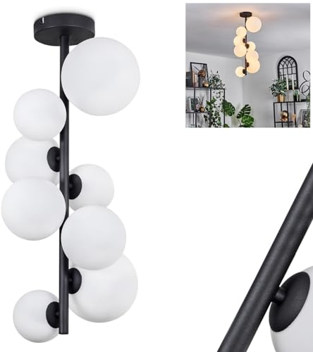 HOFSTEIN Deckenleuchte Chehalis, Deckenlampe aus Metall/Glas in Schwarz/Weiß, Leuchte im modernen Retro/Vintage-Design mit Schirmen aus Glas (Ø 10 cm, 12 cm, 15 cm), 8 x G9