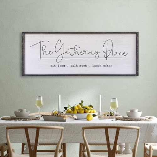 Surfapans Dining Room Wall Decor The Gathering Place Sign 40x15 Family Gather Vintage Wood Framed Rustic Farmhouse Simple And Rustic for Friends Reunions Large Horizontal Hanging Art (Black)