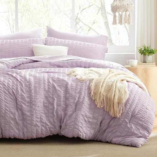Sedefen Seersucker Bettwäsche 135x200cm 4teilig Violett Lila Unifarben Mädchen Wende Bettwäsche Set Weiche 2 Bettbezug 135x200cm und 2 Kissenbezüge 80x80cm mit Reißverschluss
