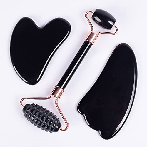 EKFBQBGW Raumdekoration Jade-Sägezahn-Gesichtsroller, GuaSha-Werkzeug-Set, natürlicher schwarzer Obsidian-Kristallstein, 3-teiliger Sägezahn